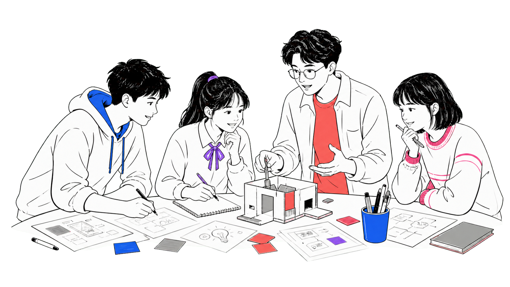 三名学生与导师围绕项目模型讨论和创作的线条插画
